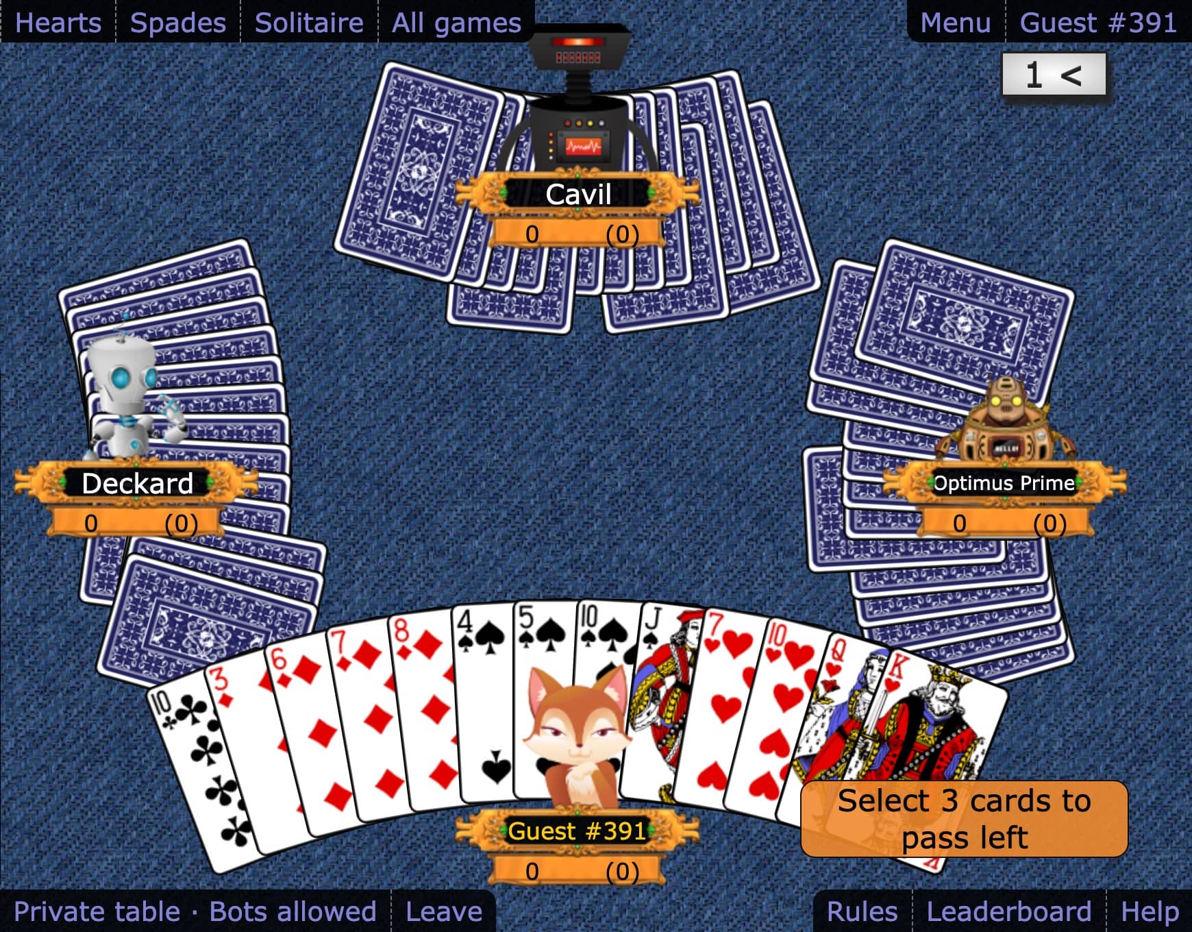 Play free Hearts online - Hearts card game screenshot