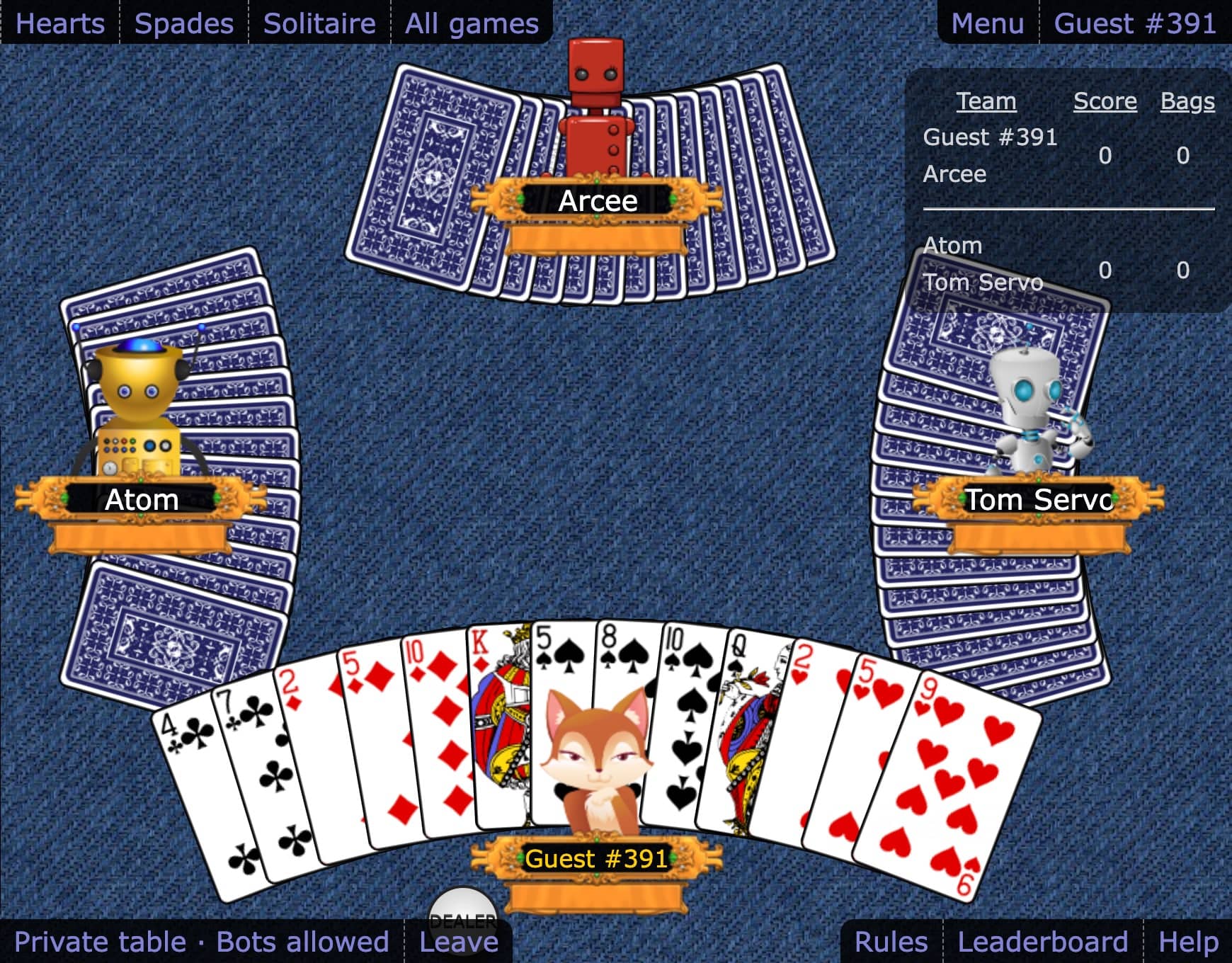 Play free Spades online - Spades card game screenshot